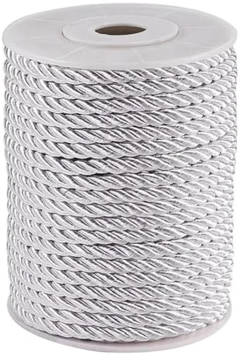 CABODYALS 17.3M 5mm Silver Silk braid Rope Cord Nylon Twine Cord Decorative 3 Ply Silk Honer Trim Thread String Satin Cord for Handfasting Craft Upholstery Curtain Graduation Home Decor Diy Supply