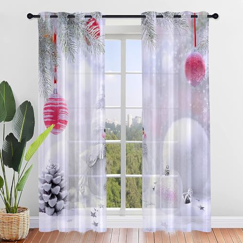 FANSU 2er Set Scheibengardinen 3D Weihnachten Halbtransparent Bistrogardine, Schlaufengardinen Gardinen Küche Türgardine für Wohnzimmer, Schlafzimmer, Hotel (107x160cm,Weiße Pinienkerne)