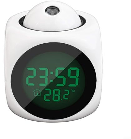 Réveil à projecteur LED, affichage numérique multifonctionnel Température, horloge vocale Chambre à coucher, plafond, cuisine, bureau, étagère, mur (blanc)