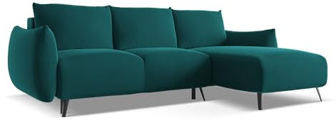 Malie 3-Sitzer Ecksofa mit Schlaffunktion rechts in Blau - Schlafsofa mit Ottomane und Bettfunktion aus Samt, für Wohnzimmer, Skandinavisch Design, Oeko-Tex 242x162x86 cm, bis 350 kg belastbar