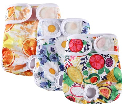 Hisprout 3-Pack Weibliche Hundewindel Hochabsorbierende Inkontinenz Wiederverwendbare Waschbare Atmungsaktive Dauerhafte Hundewindel Hosen Hund Saison Hosen (XS,Fruits)