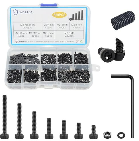 WZHUIDA 660 Stück M2 Schrauben Set, Schwarz Metrisch Zylinderkopfschrauben Innensechskant Schrauben Muttern und Unterlegscheiben Sortiment Set, Gewindemaschinen Sechskantschrauben