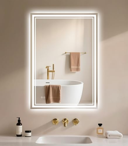 Badspiegel-mit-Beleuchtung 50x70cm - Badezimmerspiegel LED Badezimmer Spiegel mit Beleuchtung Beschlagfrei, Touch-Schalter, Dimmbar, 3 Lichtfarben, Wandspiegel Led-Spiegel-Bad Horizontal/Vertikal