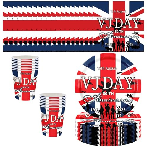 52P Celebration VJ-Day 80th Paper Plates Cups and Napkins,VJ Day 80th Anniversary Party Tableware,Memorabilia Union Jack Plate Cup Victory in Europe,VJ 80 Years Dinnerware Kit for Celebrat Party Décor