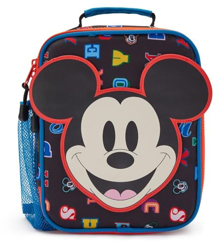 Disney Store Official Mickey Mouse Letters Insulated Lunch Box - Mickey Mouse Lunch Bag for Kids with Double Zip Pull, Embroidered Details, Screen Art, Mesh Pocket, ID Label - Perfect for School