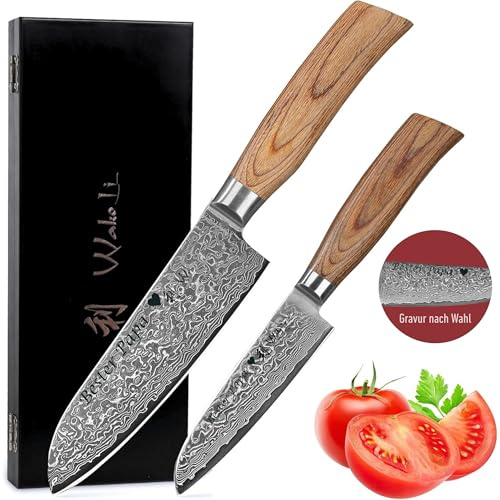 Wakoli EDIB Pro Damastmesser Set mit Gravur – Personalisiertes 2er Santoku Messerset, 16 cm & 11 cm Klingen aus 67 Lagen Damaststahl (VG10-Kern), ergonomische Pakkaholzgriffe – in Geschenkbox