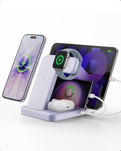 Intoval 5-in-1 Ladestation, kompatibel mit iPhones 17/17 Pro/17 Pro Max, iPad Pro/Air/Mini, Apple Watch 11/Ultra 3/Ultra 2/Ultra/10/9/8/7/6/SE, kabellose Ladestation für mehrere Geräte(Lila)