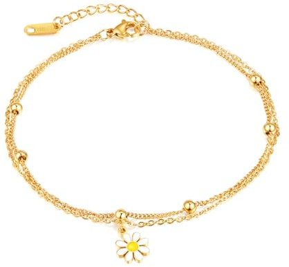 Glintara Vristlänk för kvinnor guld, flexibel justerbar fotkedja för kvinnor, sommar barfota strand fotled armband, sommar strandstil dubbel fotkedja, vattentät fotklämma fotled kedja fotsmycke