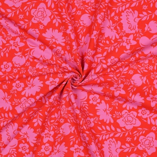 Jersey Stoff Blumen Rot Viola – Baumwollstoff Meterware 148 cm breit – elastischer Stoff aus 95% Baumwolle & 5% Elasthan – weich, bequem & pflegeleicht