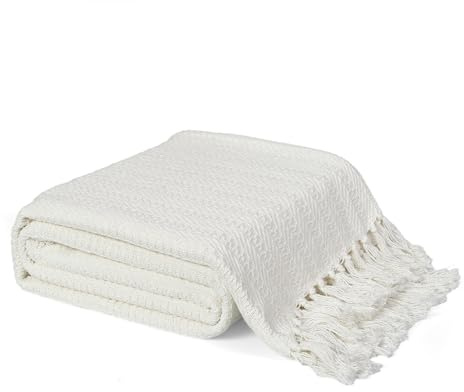 EHC Cross-stitch Pattern Throw Blanket, Handwoven Cotton Throws for Sofas Bed Sofa Settee Couch Reversible Bed Cover Over Bedspread, Single, 125 x 150 cm, Ivory