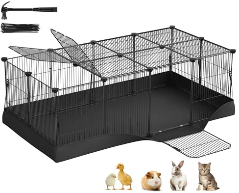 SONGMICS Kleintiergehege, Gehege, Freilaufgehege, wasserresistente Unterlage, Doppeltür, für Kaninchen, Meerschweinchen, mit 20 Platten, 123 x 63 x 41,5 cm, tintenschwarz LPI012BH01
