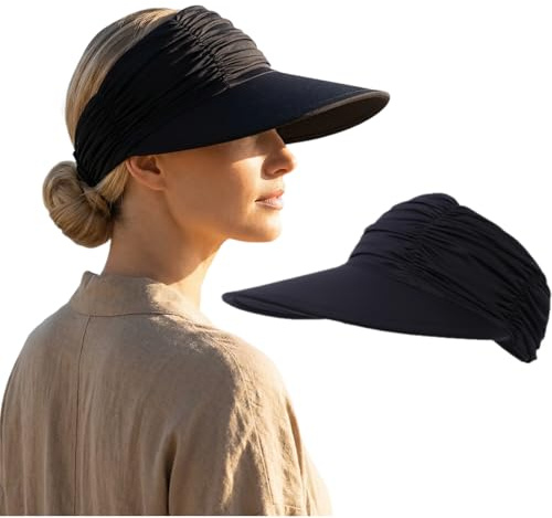 ZMIYIAC Black Sun Visor for Women, Sun Hat Wide Brim Hat Women Adjustable Foldable Beach Hat Visor Cap for Golf Outdoor Cycling Fishing Tennis Running Beach Vacation