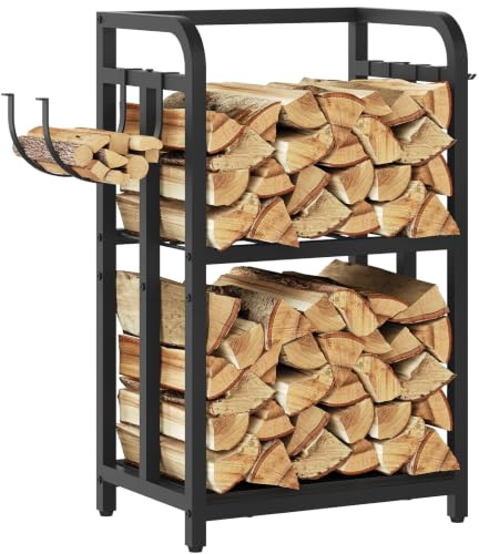 MAHANCRIS Soporte para Leña, 44 x 30 x 72 cm, Leñero, Estantería para Leña de Chimenea, Soporte de Leña, Organizador para Troncos, para Interior y Exterior, Negro AFKBK5301
