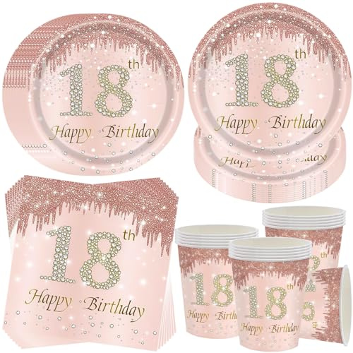 OMZSXK Platos de 18 cumpleaños para niñas, juego de vajilla para fiesta de 18 años en color oro rosa, platos de cartón con texto Happy 18th Birthday, vasos y servilletas para 16 invitados, para