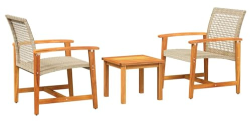 Qnhdfrt 3-teiliges Bistro-Set Beige Poly-Rattan Akazienholz 43x43x36 cm Tisch 63x64x80 cm Stühle Robustes Gartenmöbel-Set Modernes Design für Balkon Terrasse Garten