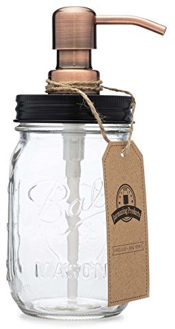 Jarmazing Products Mason Jar Soap Dispenser - Black lid with Copper Pump - with 16 Ounce Ball Mason Jar - Made from Rust Proof Stainless Steel