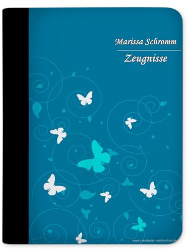 CreaDesign Zeugnismappe A4 mit Namen personalisiert – Schmetterling Ornamente Blau – für Mädchen – Dokumentenmappe Schule ohne Klarsichthüllen