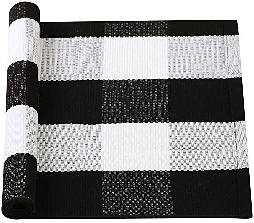 sourcing map Alfombra de algodón a cuadros para interiores y exteriores, tejida lavable a cuadros, alfombra de búfalo a cuadros, negro y blanco, 70 x 45 cm