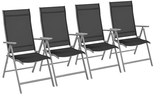 SONGMICS Sillas Plegables de Jardín, Juego de 4, Silla de Exterior con Marco de Metal, Respaldo Reclinable en 8 Ángulos, Carga de 150 kg, Negro GCB30BK