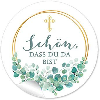 Schön, dass du da bist Etiketten als Geschenk mit Eukalyptus und Kreuz in Goldgelb (kein Echtgold) als Glückwunsch für das erscheinen der Gäste zur Hochzeit Geburtstag Taufe 48 Sticker Aufkleber