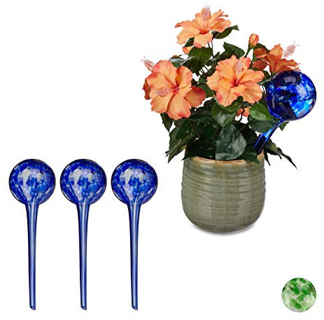 Relaxdays 4 x Bewässerungskugel, dosierte Pflanzen Bewässerung, Blumentopf, Gießhilfe Büro, Urlaub, Durstkugel Glas, Ø 9cm, blau