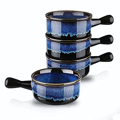 KOOV Suppenschüsseln für französische Zwiebel mit Griffen, mikrowellengeeignet, 425 ml, Keramik-Suppentopf für Haferflocken, Müsli, Eintopf, Dessert, reaktive Glasur, 4er-Set (Nebula Blue)