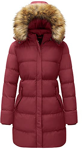 WenVen Lång vinterkappa för kvinnor, vindtät quiltad jacka, tjock jacka, varm vadderad kappa, vinterparkas med fuskpälshuva, Röd röd, S