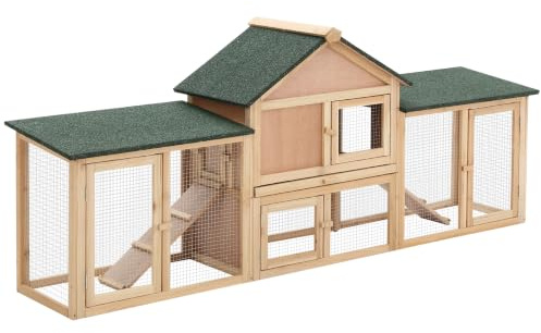 PawHut Hasenstall Kaninchenstall aus Holz 210 x 45,5 x 84,5 cm Kaninchenkäfig mit Bitumendach, Freilaufgehege, Rampe, Türen, Hasenkäfig für Zwergkaninchen, Meerschweinchen Outdoor Natur