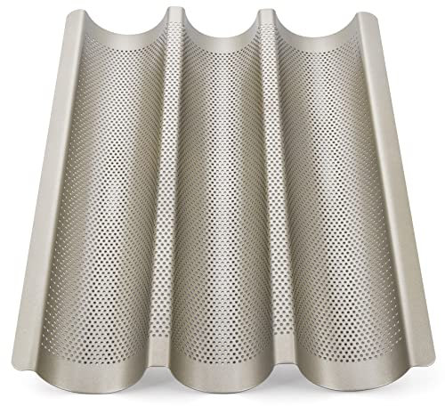 Hengsong Baguette Backform,Baguette-Backblech,Baguetteblech,3 Mulden,für Brotbackform &Toastbrot Backform,ca.38.5×28.5×3.5cm,für 3 Baguettes,Gold