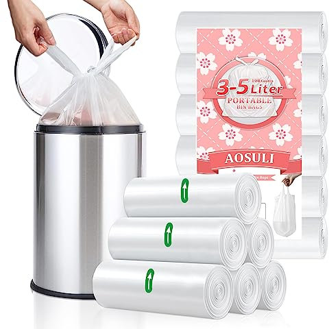 AOSULI Small Bin Bags 3-5l Bin Liners Pedal Clear Plastic Waste Bags with Tie Handle 108 Counts White Trash Bags Mini Garbage Bags for Bathroom,Toilet,Bedroom,Office Fit 3-6L Rubbish Bin