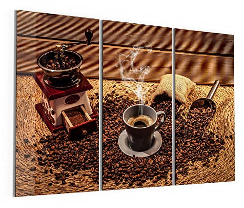 DEQORI Glasbilder Acrylglas | Motiv Von der Bohne zum Kaffee | horizontal 3-teilig 150x100 cm | große XXL Deko | Wandbilder für Wohnzimmer, Schlafzimmer, Flur & Küche | moderne Wanddeko