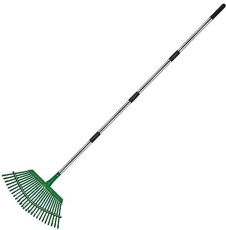 KPUY Rastrello da giardino in acciaio per prato, rastrello telescopico per foglie/erba, manico regolabile da 98 a 165 cm, 25 denti in acciaio resistente, guanti da giardino per una rapida pulizia di