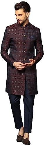 KISAH Men's Sherwani Set with Trouser – Textured Silk Blend Jacquard Ethnic Set with Mandarin Collar – Indian Wedding & Festive Wear for Diwali, Eid & Celebrations, Wine, 42