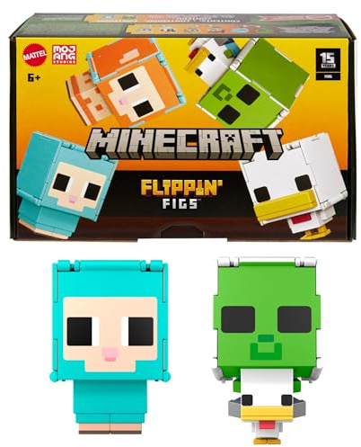 Mattel Minecraft - Flippin' Figs Pecora e Pollo, confezione da 2 personaggi 2 in 1 trasformabili, alti 10 cm e con design pixelato, ispirati all videogioco, giocattolo per bambini, 6+ anni, HXK17