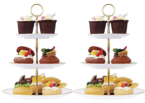 HonGien 2 Pièce Présentoir à Gâteaux à 3 Etages, Présentoir à Desserts aux Fruits pour les Anniversaires, Fêtes et Mariages (Blanc avec Garniture Dorée)