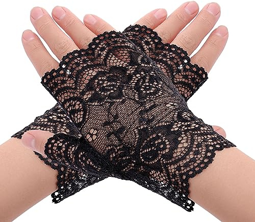 WLLHYF Women's Lace Fingerless Bridal Wrist Gloves - Elegant Short Gloves for Tea Party, Sunblock, Floral Designs, Party Costume & Halloween Accessories