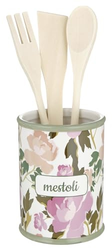 Baroni Home Portamestoli Decorato in Ceramica con Mestoli Inclusi, Accessorio da Cucina Colorato Resistente, Linea Rose, 11x11x25 cm