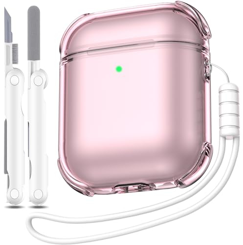 MHYALUDO Custodia Cover per Airpods 1a/2a Generazione, Compatibile con Airpods 1a/2a（2016/2019）, Custodia Trasparente Morbida Antiurto con Penna per la Pulizia del Cordino,Rosa