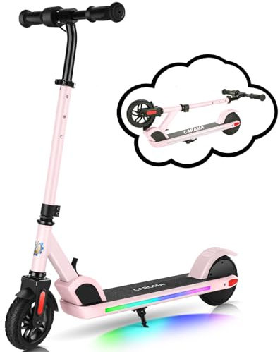 Caroma E35 Elektroroller für Kinder von 6-12 Jahren, Faltbarer E Roller Scooter mit Bunte Leuchten & LED-Anzeige, Einstellbare Geschwindigkeit und Höhe, Maximale 16km & 16km/h Rosa