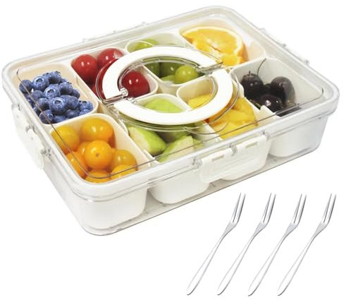 Mirrwin Snackbox mit Fächern, 8 Fächer Snackschale mit Deckel und Griff Snackbox Organizer Kunststoff Unterteilung Snackbox Organizer Jausenbox mit Unterteilung für SüßIgkeiten Veggie Keks Nüsse Obst