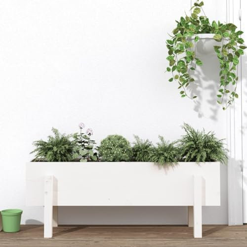 Iiaky Lit surélevé de Jardin Blanc 101x30x38 cm Bois de pin Massif,Bordure Pierre,Kit Gabion,Gabion Jardiniere