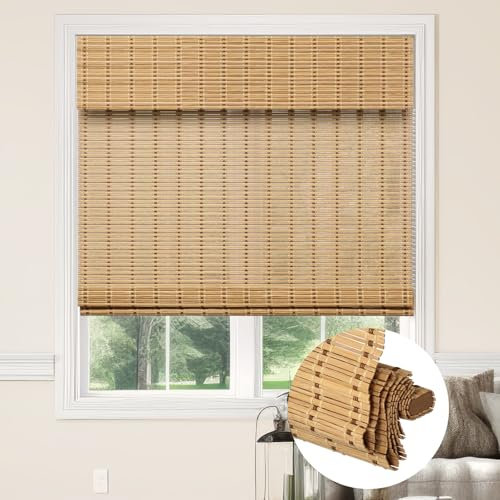 Kokorona Cordless Bamboo Roman Shades with Valance, Light Filtering Bamboo Blinds for Interior Windows, Natural Roll Up Bamboo Shades for Home, Office, Easy Installation, 20 W x 64 H, Natural
