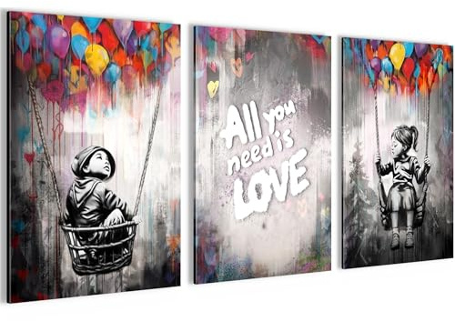 Novart Bilder Set Banksy Style Kinder - Kein Extra Rahmen benötigt - Wandbilder für Wohnzimmer Schlafzimmer Flur - 3 Bilder 40x60 cm Grau Bunt - N037436a