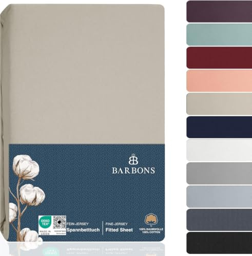 BARBONS Spannbettlaken 200x200-100% Baumwolle Bettbezug Sand | Oeko-TEX Zertifiziert - Spannbetttuch - Bettlaken - Bettbezug - Jersey - für Boxspringbett und Dicke Matratzen bis 27 cm