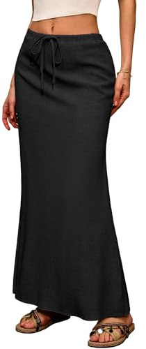 ELLEVEN Linen Maxi Long Flowy Skirt for Women Trendy Summer with Slit Elastic Waist Drawstring Casual Beach Holiday Low Rise Cotton Sexy Curvy Boho Mermaid Skirts Floor Ankle Length Black Medium