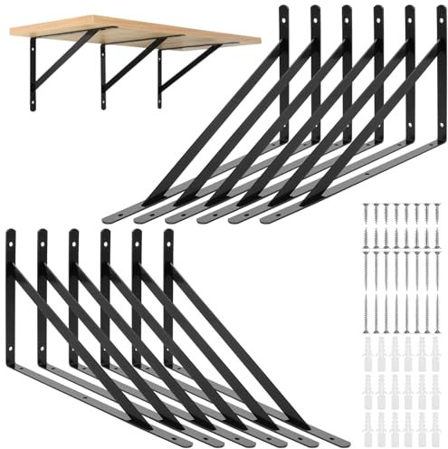 GBACHOOSE 12 supporti per scaffali, 190 x 300 mm, in metallo, colore nero, angolo per carichi pesanti, per montaggio a parete, tavolo pieghevole da lavoro, scaffalatura