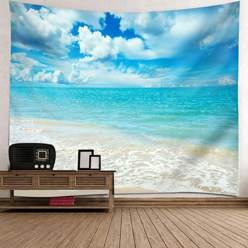 Mesnt Wandteppich Strand Groß, 260x240cm Meer Strand Wandteppich für Schlafzimmer Wohnzimmer | Hellblau