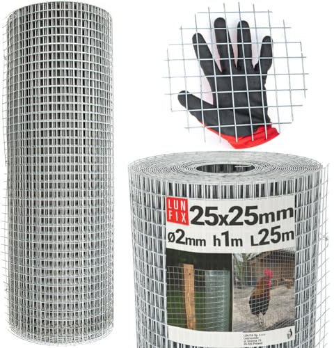 Volierendraht - Stahl verzinkt, 25x25, Ø 2.0 mm, 1m x 25m, Hasendraht Kaninchendraht, Drahtgitter Schweißgitter Maschendraht, Wühlmausgitter für Garten, Maschendrahtzaun, Lun Fix