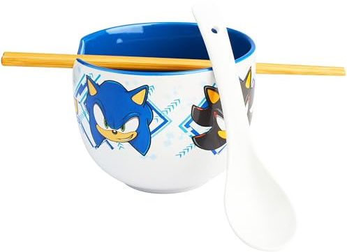 Get Trend Sonic THE Hedgehog Ramen Bowl Set 20oz/600ml, Japanese Rice Noodles Bowl with Spoon & Bamboo Chopsticks, Microwave Safe, Gifts for Adults (Multi Sonic)
