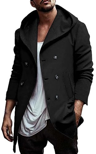 Trench-coat long à capuche pour homme avec poches - Manteau fin - Coupe ample - Style décontracté - Double boutonnage - Confortable - Doux - Veste d'été légère, Noir , XL